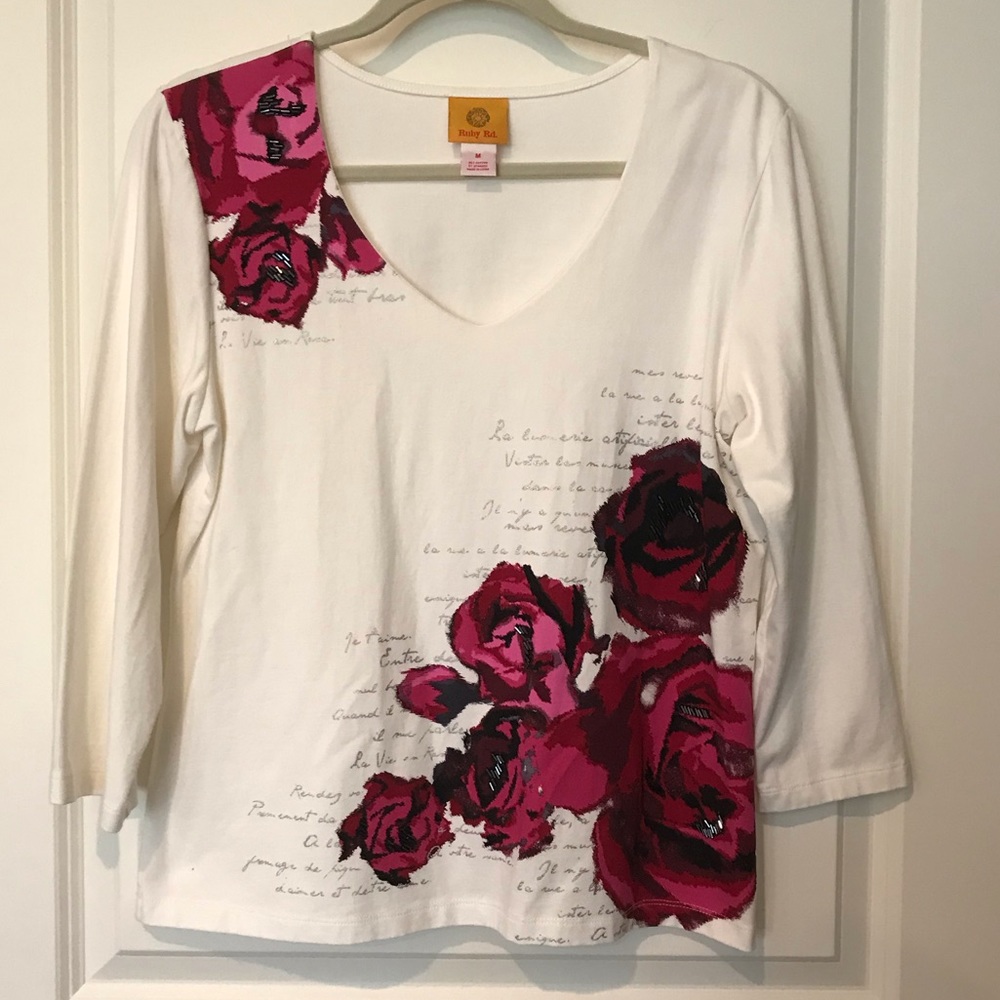 Ruby Rd. White Top with Shades of Pink Roses